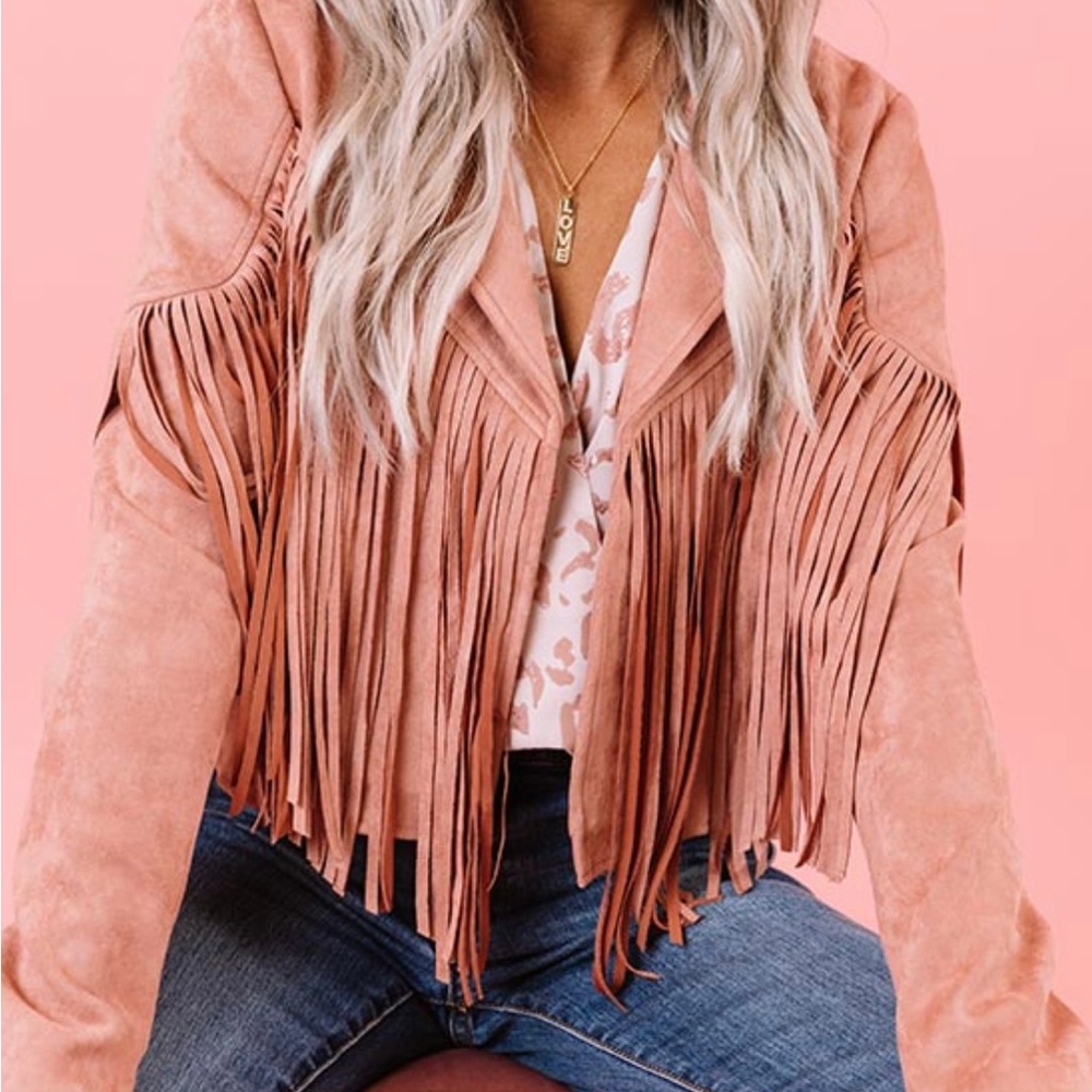 Faux Suede Fringe Jacket Blush/Pink
